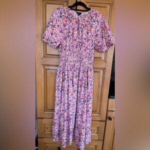 J. Crew Pink Floral Puff-Sleeve Smocked Waist Dress